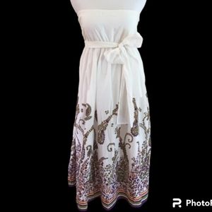 Vintage Strapless Sundress/Off-White Cotton/Border Print